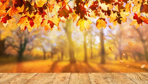 オレンジの葉を持つ木製のテーブル秋の背景 — ストック写真