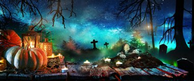 creepy halloween background, pumpkins with skeleton in graveyard at night on wooden board
