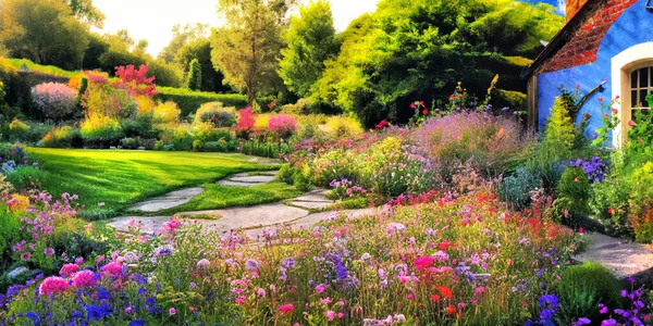 Hermoso Jardín Primavera Con Flores Césped Hierba Ilustración — Foto de Stock