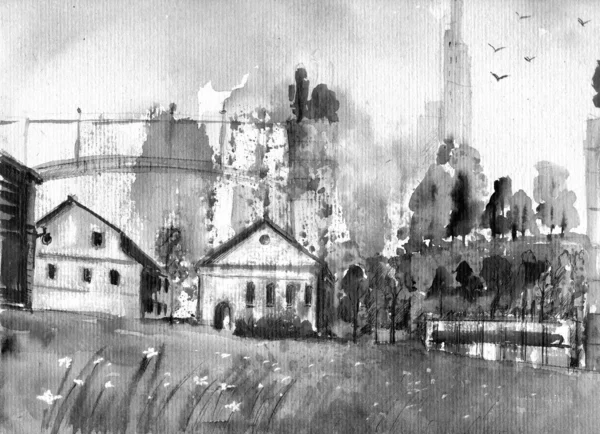 City landscape. Made by watercolor on paper. — Stock Photo, Image