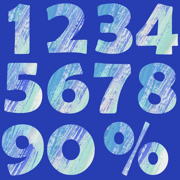 数字と記号で手書きの青い水彩アルファベット — ストック写真