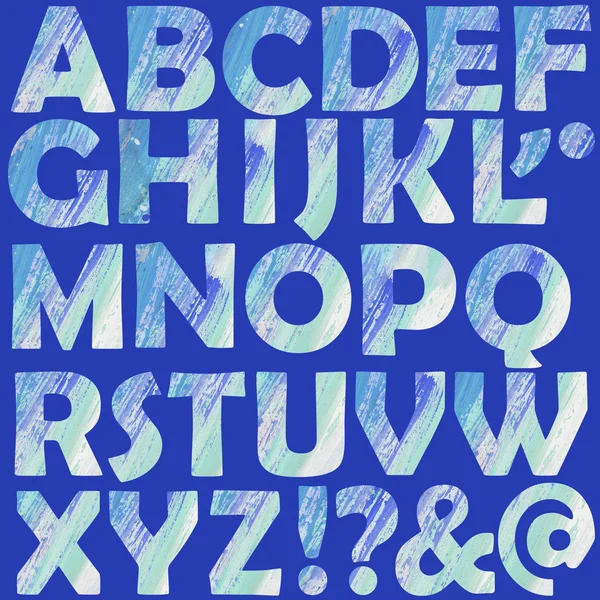 Handskrivna blå akvarell alfabet med siffror och symboler — Stockfoto