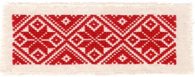 keten zemin üzerine kırmızı süs dikişli