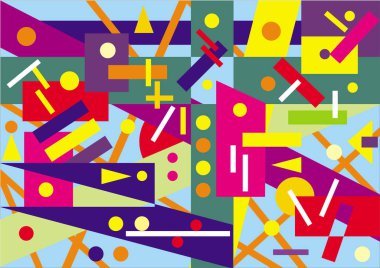 Geometrik şekillerin çok renkli kaotik arka planı. Vektör grafik sanatı