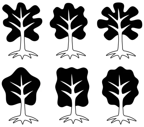 Six Stylized Trees Black White Graphics Symbols Ecology Growth Sustainability — Stock Vector