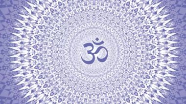 Ortasında om işareti olan dairesel mandala 'yı aç. Ruhani ve kozmik bir sembol. Video sanatı grafikleri.