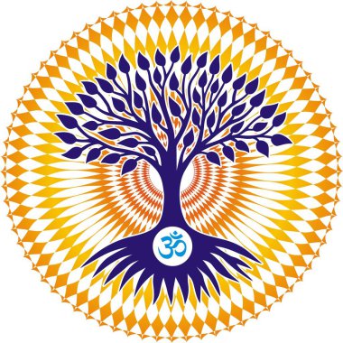 Om, ohm, ohm işaretli hayat ağacı. Ekolojinin, büyümenin, sürdürülebilirliğin, gelişimin sembolü. Sarı arka planda mavi renk. Vektör sanat grafikleri.