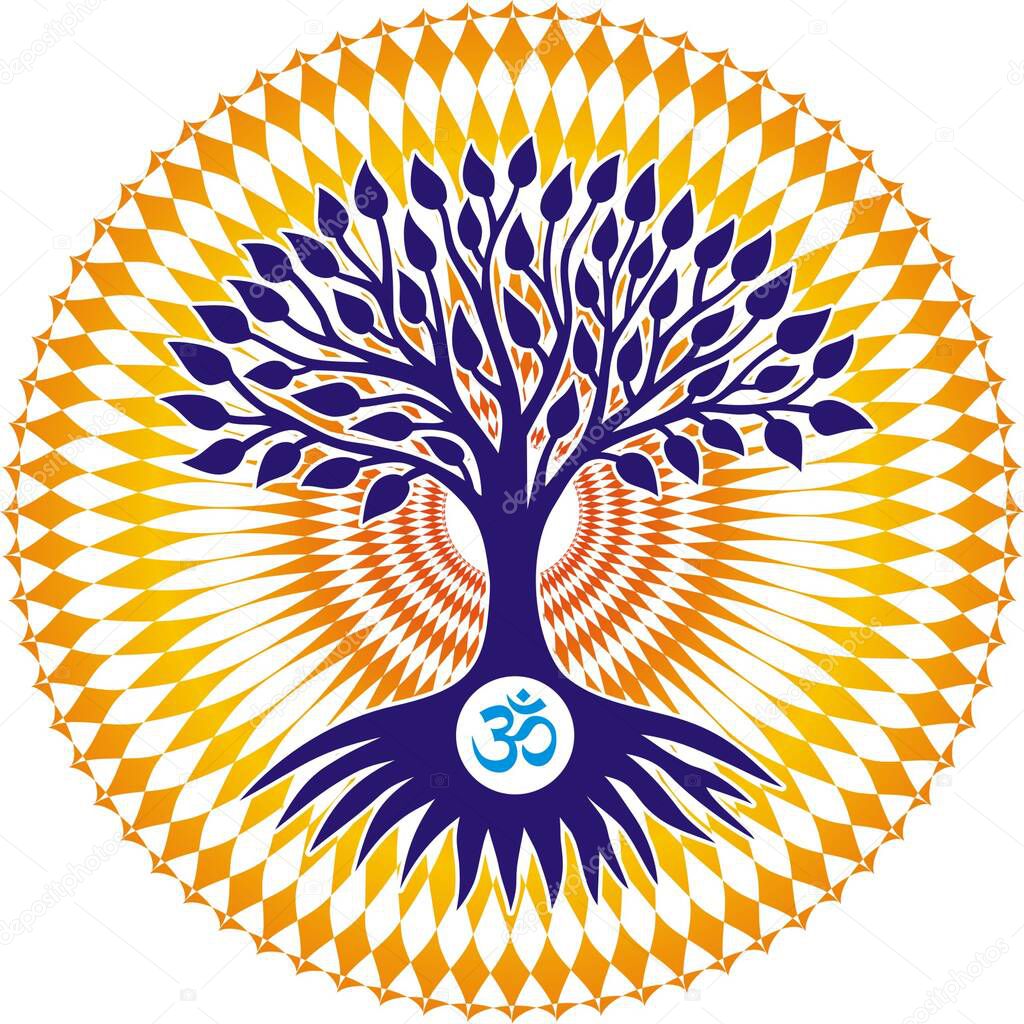 The tree of life with om, aum, ohm sign. The symbol of ecology, growth, sustainability, development. Blue color on yellow background. Vector art graphics.