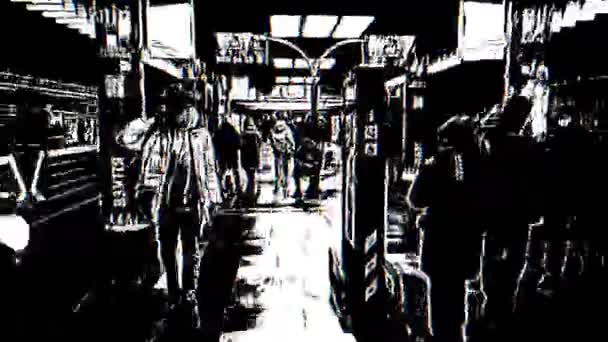 Метро Метро Станция Людьми Динамическое Черно Белое Изображение Эффектом Глюка — стоковое видео