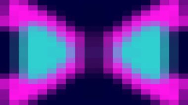 Kaleydoskopik görüntü deseni piksellerin karelerinden yapılmış. Parlak renkler. Şehirde bir gece sokağı. Kaotik hareket. Video sanatı grafikleri.