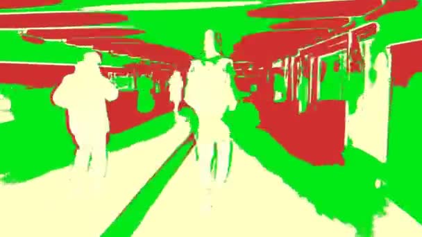 人们在城市地下通道中的流动 明亮的光谱 蓝色和洋红色 Glitch效应 消极和积极的 录像艺术图形 — 图库视频影像