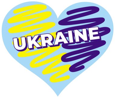 Üzerinde Ukrayna yazan bir kalp, açık mavi arka planda sarı ve mavi. Vektör sanat grafikleri.