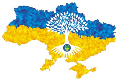 Ukrayna bayrağı renginde Ukrayna haritası. Beyaz mızraklı yaşam ağacı. Vektör sanat grafikleri