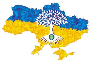 Yaşam ağacı, açık mavi bir mandala karşı bir mızrak (Ukrayna 'nın küçük arması) ile sarıdır. Ukrayna bayrağının renkleri. Ekolojik ve hayati bir sembol. Vektör grafikleri