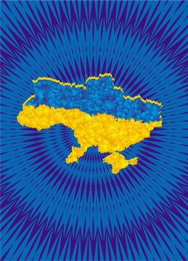 Ukrayna bayrağının sarı-mavi renklerinde Ukrayna haritası. Mavi bir mandala 'nın arka planında. Vektör sanat grafikleri.