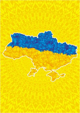   .Ukrayna bayrağının sarı-mavi renklerinde Ukrayna haritası. Sarı bir mandala 'nın arka planında. Vektör sanat grafikleri.