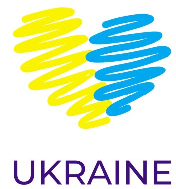 Ukrayna yazıtları ve Ukrayna bayrağının renkleri olan sarı ve mavi kurdelelerden yapılmış bir kalp. Vektör grafikleri.