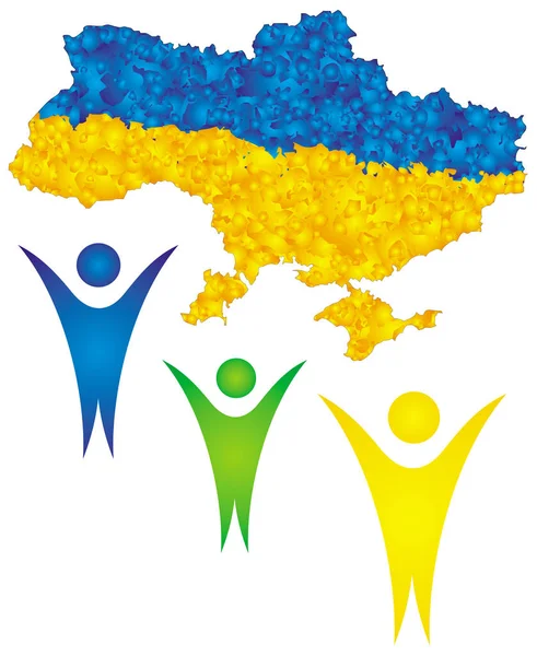 Három Szimbolikus Figurák Emelt Kézzel Egy Térképet Ukrajna Tetején Színek — Stock Vector