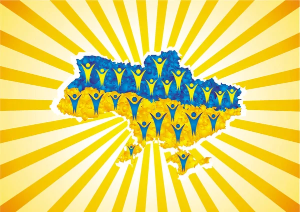 Map of Ukraine against the background of diverging rays. Figures of people with raised hands fill the entire sheet. Vector graphics.
