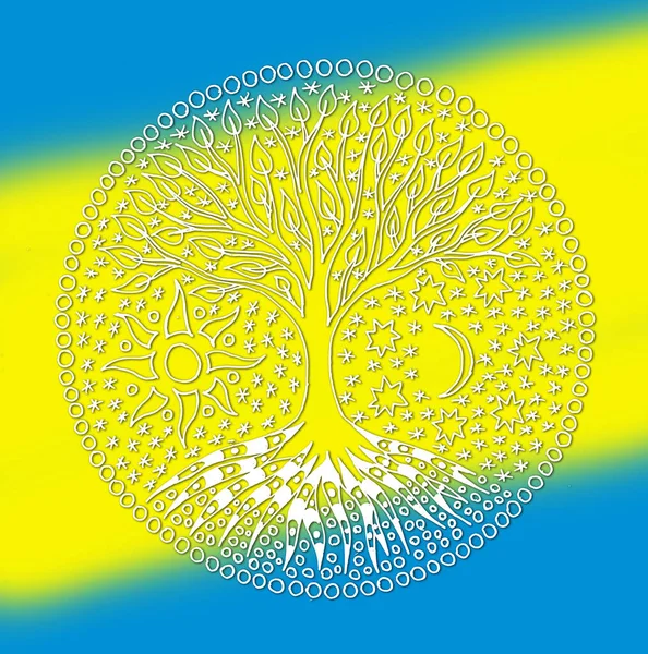 Tree Life Center Circular Mandala Elegant Openwork Pattern White Blue — Stockfoto