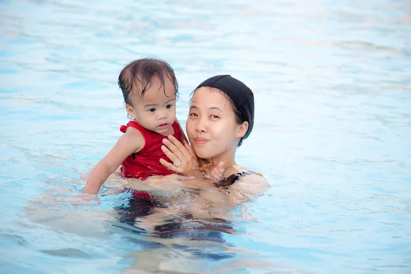 Mother play with daughter in pool — Stock Photo, Image