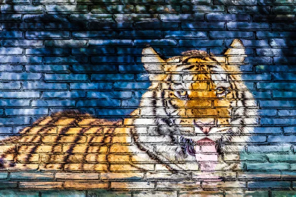 Тигр в водной живописи на кирпичной стене — стоковое фото