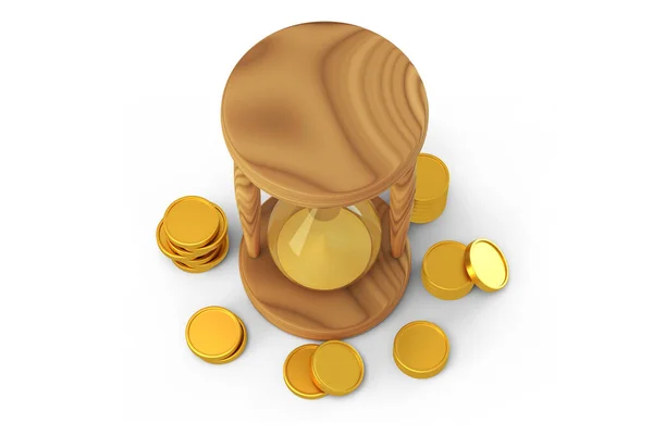 Wooden hourglass and coins top view 3D render — Stock Photo, Image