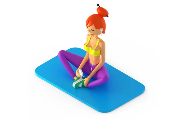 Улыбающаяся привлекательная фитнес-женщина, сидящая в позе лотоса 3D рендеринг изометрический вид — стоковое фото