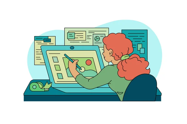 Chica personaje trabajando en la tableta — Vector de stock