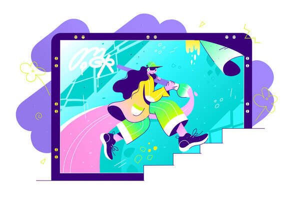Girl create outdoors graffiti print on wall — Stock Illustration Girl create outdoors graffiti print on wall — Stock Vector