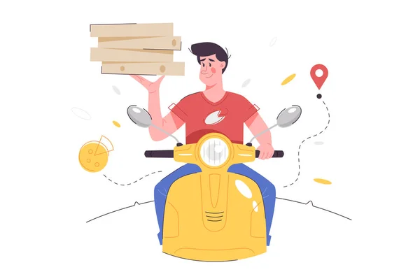 Mensajero hombre en scooter con pila de pizza — Vector de stock