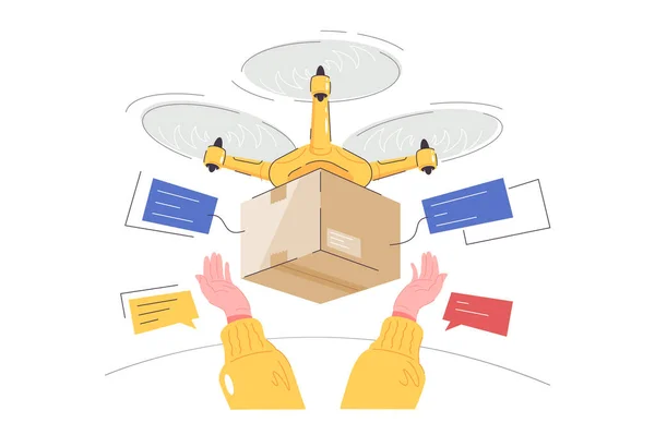 Entrega de mercadorias por via aérea utilizando drones voadores —  Vetores de Stock