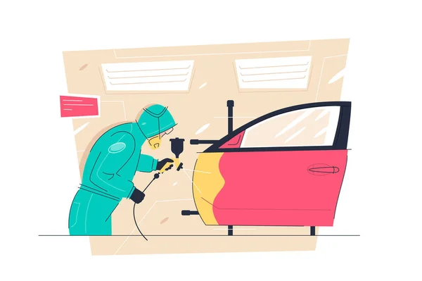 Car airbrush painting service and auto fix process — Vetor de Stock