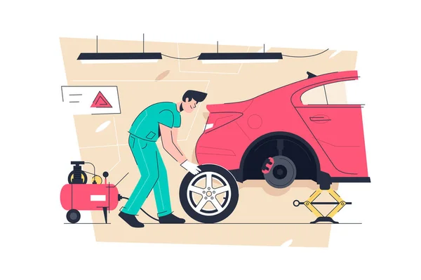 Mechanic man change tire on automobile — Stockový vektor