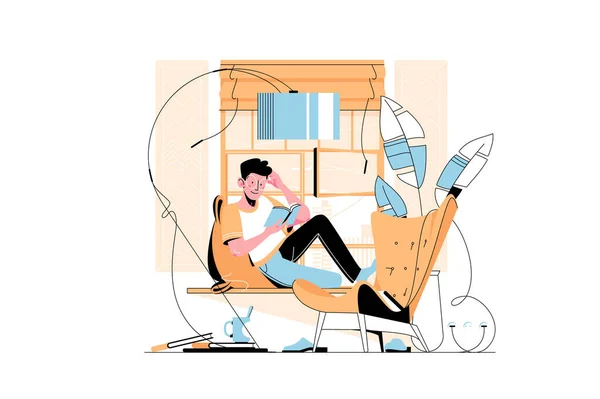 Guy reading in modern library — Stock Vector