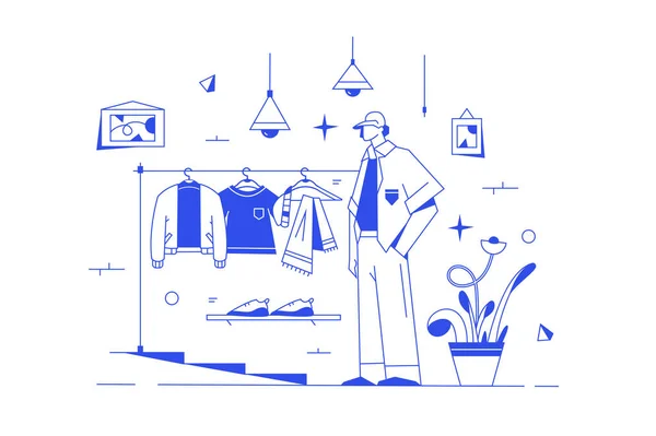 Cara montagem roupas no camarim —  Vetores de Stock