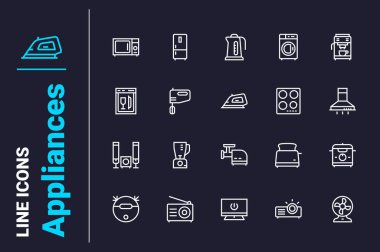Useful household appliances icons set vector illustration. Electrical equipment, tools for home line icon. Technology, electronics concept
