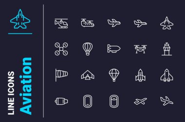 Air transportation icons set vector illustration. Hot air balloon, airplane and helicopter line icon. Tourism and aviation concept