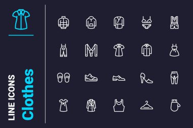 Kişilerin kostüm simgeleri vektör illüstrasyonunu ayarlar. Dolap bileşenleri satırı simgesi. Moda, tasarım, tarz ve kıyafet konsepti