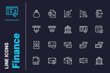 Ekonomi ve finans simgeleri vektör illüstrasyonunu belirledi. Bankacılık, döviz kuru çizgisi simgesi. Para ve yatırım konsepti
