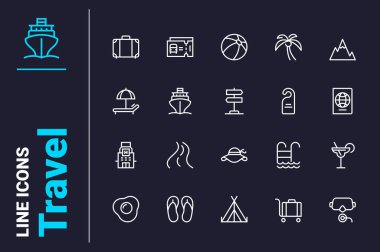 Tur ve seyahat simgeleri vektör illüstrasyonunu ayarlar. Yazı tatil köyünde, seyahat çizgisi simgesinde geçir. Tatil, dinlenme ve rahatlama konsepti