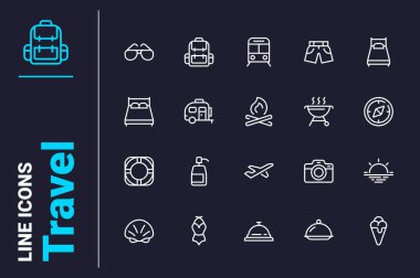 Seyahat ve eğlence zaman simgeleri vektör illüstrasyonunu ayarlar. Denize yolculuk, yaz tatili, eğlenceli eğlence hattı ikonu. Dinlenme, keyif, tatil ve tatil konsepti