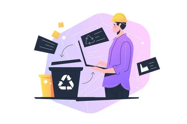 Afvalmanager Scheiding Van Afval Vuilnisbakken Voor Recycling Vector Illustratie Stadsreiniging — Stockvector