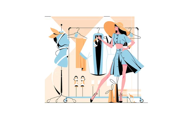 Femme Élégante Illustration Vectorielle Boutique Femme Mode Choisir Des Vêtements — Image vectorielle