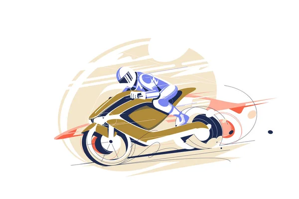 Guy riding cool racing motorcycle illustration. Biker man in suit and helmet riding yellow bike flat style. Extreme activity, speed race hobby concept. Isolated on white background