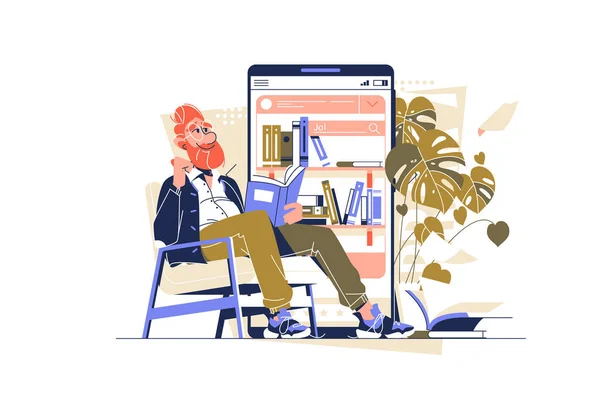 Bearded Guy Enjoying Good Book Illustration Man Character Smartphone Screen — Stock Photo, Image