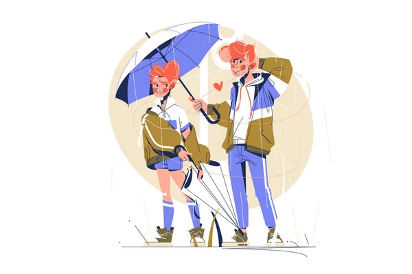 Chlapík Dívka Kráčející Pod Ilustrací Deště Přítel Držící Deštník Přítelkyni — Stock fotografie