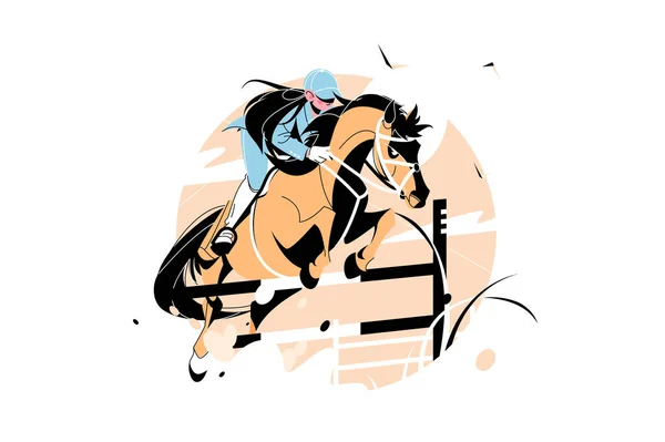 Girl Jockey Riding Brown Horse Vector Illustration Woman Uniform Protective — Stock Vector