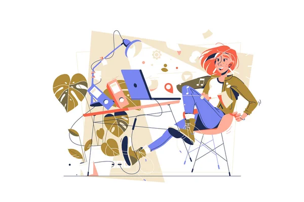 Женщина Использующая Ноутбук Участвует Векторной Иллюстрации Интернет Потока Счастливая Девушка — стоковый вектор