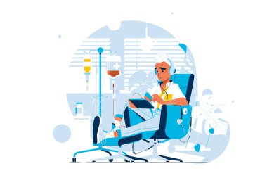 Hasta kanser hastalığı taşıyıcı illüstrasyonundan muzdarip. Damlatan hasta kemoterapi görüyor. Onkoloji, ilaç tedavisi kavramı